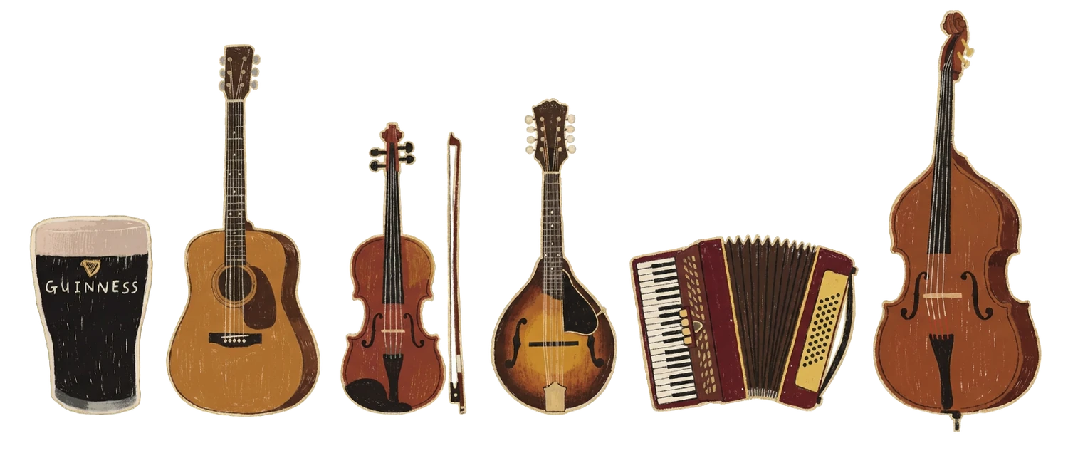 The instruments of the session: a pint of stout, guitar, fiddle, mandolin, accordion and double bass